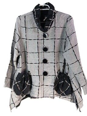 Moonlight Y&S Womens Crinkle Gray Black Grid Button Jacket Size L Pouch Pockets